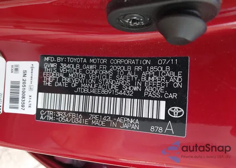 2011 Toyota Corolla Le z USA, uszkodzony, nr VIN JTDBU4EE8B9154432